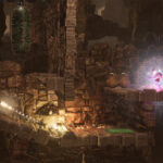 Abe from Oddworld possessing a Slig, with mystical lights surrounding him and the Slig holding a gun.
