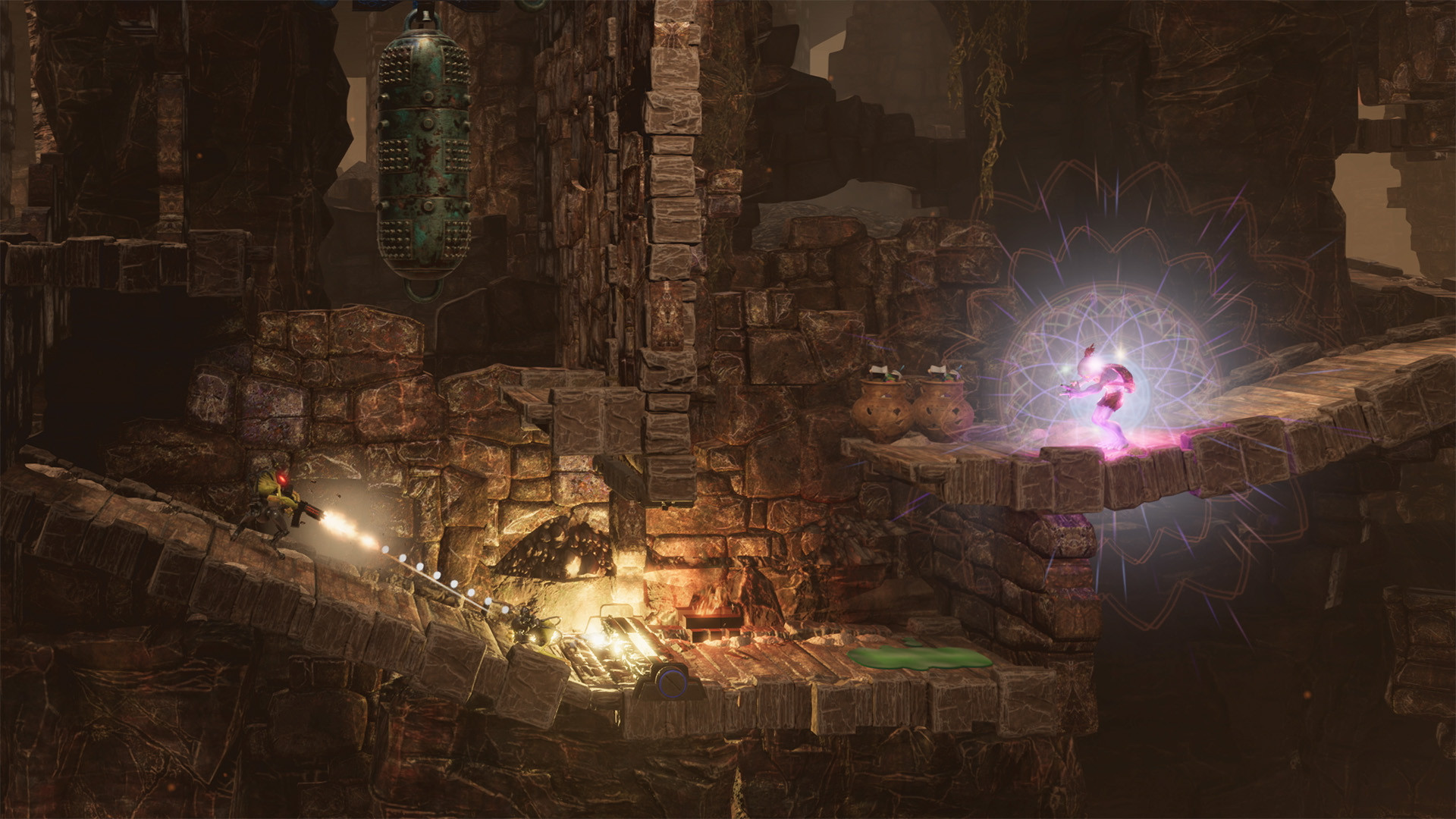 Abe from Oddworld possessing a Slig, with mystical lights surrounding him and the Slig holding a gun.