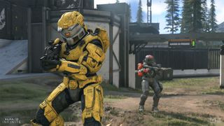 A yellow Spartan aims down sights