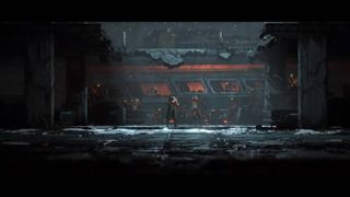 A Replaced screenshot showing a player in a ruined sci-fi city.