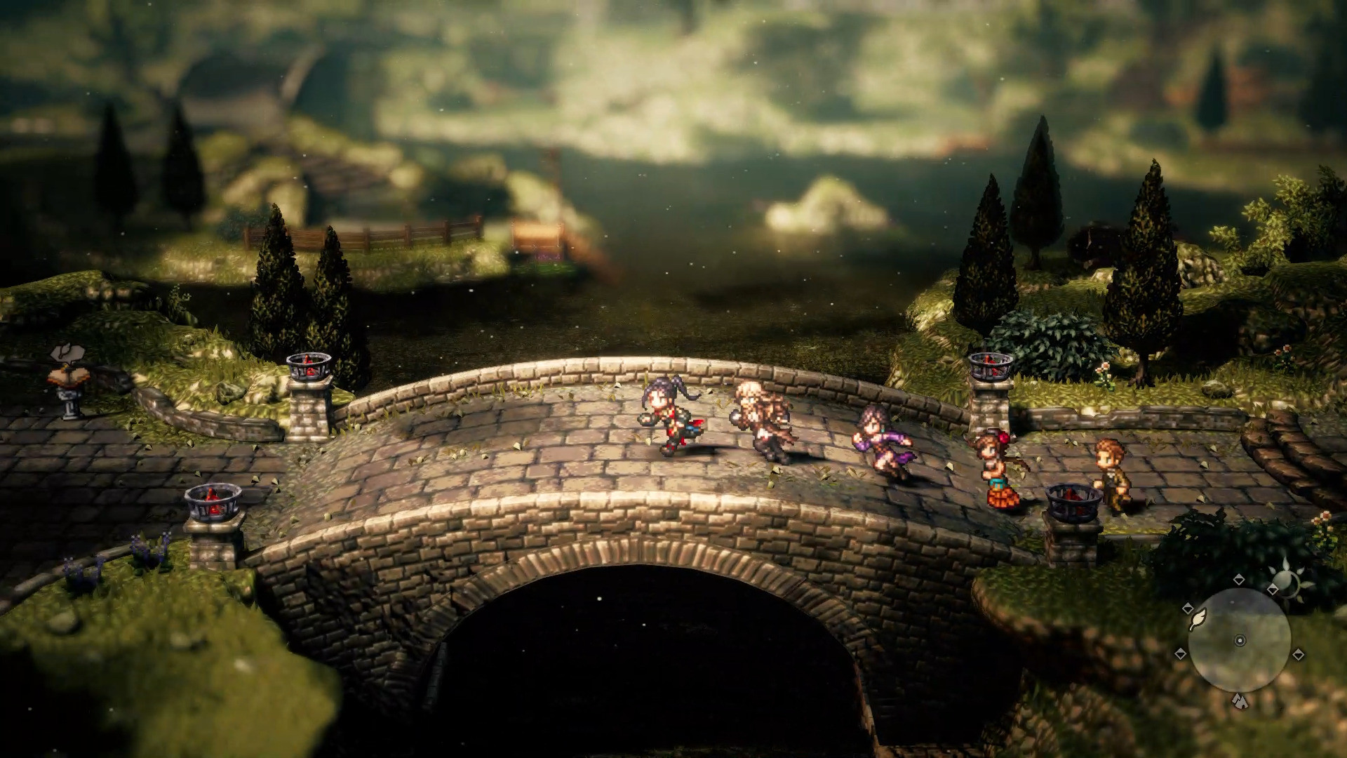 A screenshot from Octopath Traveler 2, showing the game’s characters within a rainbow.