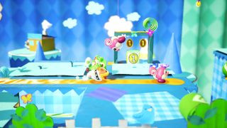 Yoshi riding a dog made of yarn in the cute Nintendo game Yoshi