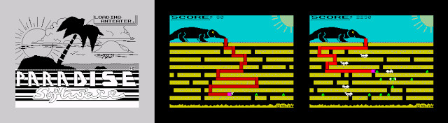 Screenshots from Paradise Software's Anteater on the ZX Spectrum