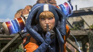 Apex Legends screenshot showing the character Watson, who has her finger raised to her lips as if to silence the player, highlighting the game's unique character abilities and strategic gameplay