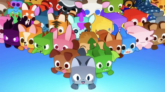 Pet Simulator 99 Colorful Pets Alt Text: A bunch of very colorful, very cute pets running in formation in Pet Simulator 99