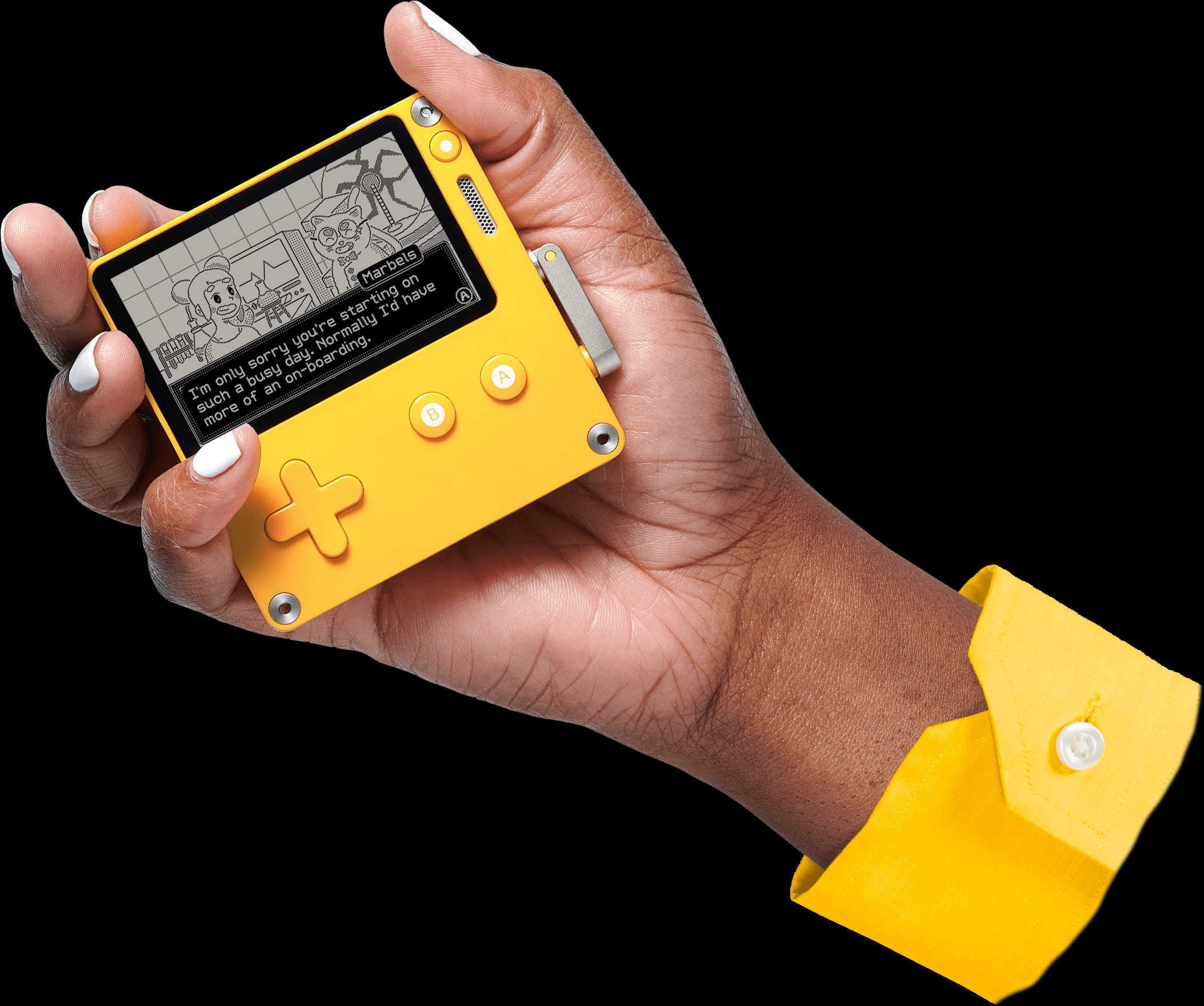 A hand holding a Playdate device.