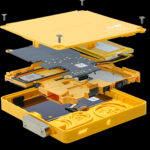 An exploded view of the internals of a Playdate device.
