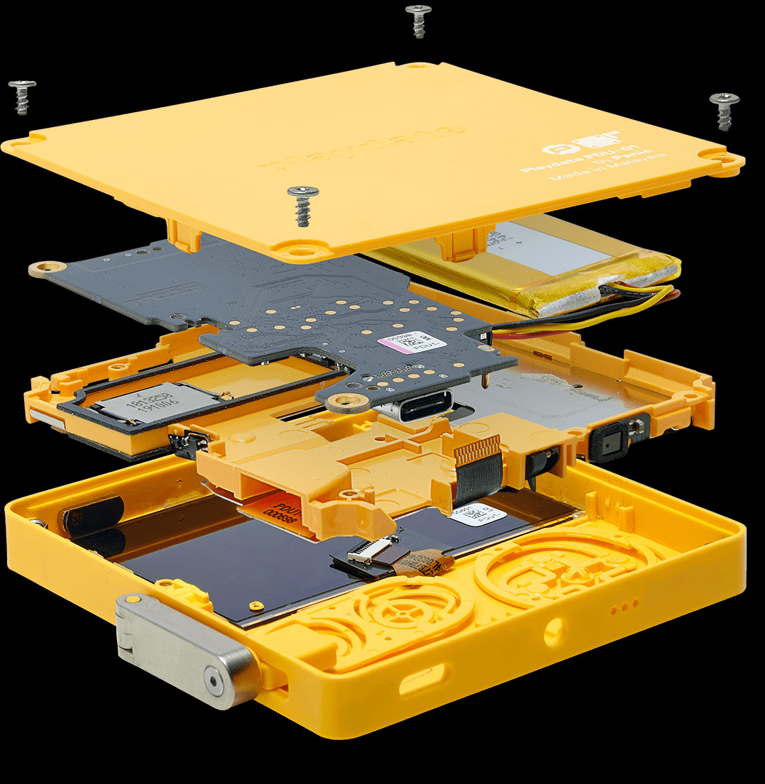 An exploded view of the internals of a Playdate device.