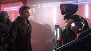 XCom 2 screenshot of a male in a black jacket speaking to a fully armored commando holding a large gun.