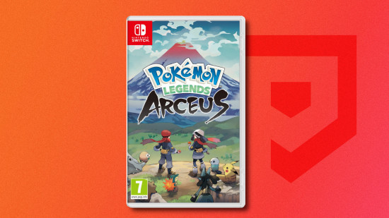 Pokemon games in order: Box art for Pokemon Legends Arceus featuring the two protagonists and an array of Pokemon in front of Mount Coronet, drop shadowed on a red PT background