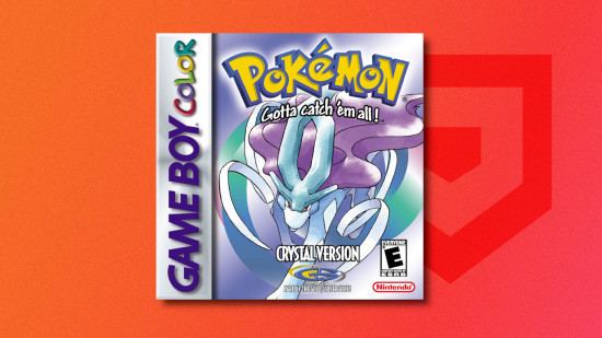 Pokemon games in order: The box art for Pokemon Crystal featuring Suicune drop shadowed on a red PT background