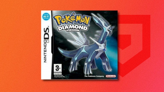Pokemon games in order: Box art for Pokemon Diamond featuring Dialga drop shadowed on a red PT background