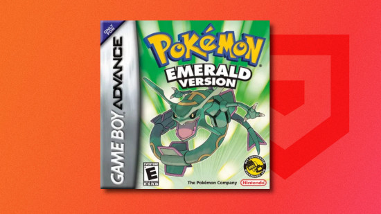 Pokemon games in order: Box art for Pokemon Emerald featuring Rayquaza drop shadowed onto a red PT background