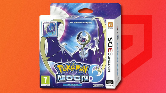 Pokemon games in order: Box art for the fan edition of Pokemon Moon featuring Lunala drop shadowed on a red PT background