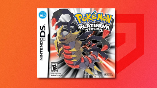 Pokemon games in order: Box art for Pokemon Platinum featuring Giratina drop shadowed on a red PT background