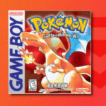 Pokemon games in order: The box art for Pokemon Red featuring Charizard drop shadowed onto a red PT background