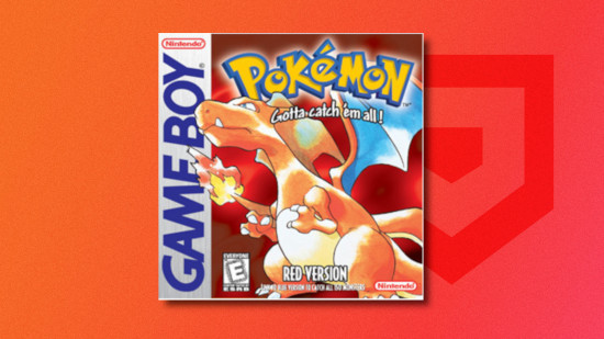 Pokemon games in order: The box art for Pokemon Red featuring Charizard drop shadowed onto a red PT background