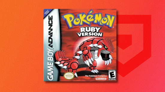 Pokemon games in order: The box art for Pokemon Ruby featuring Groudon drop shadowed on a red PT background