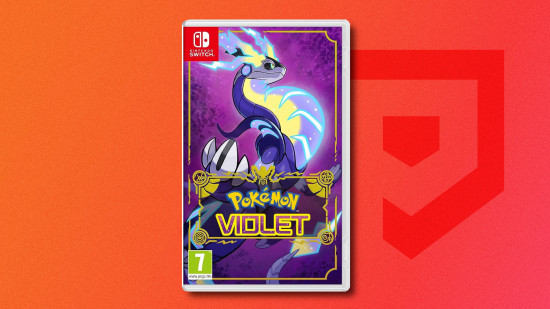 Pokemon games in order: Box art of Pokemon Violet featuring Miraidon drop shadowed on a red PT background