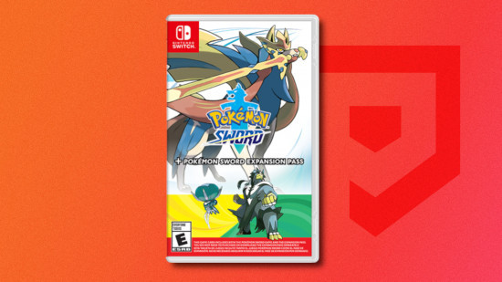 Pokemon games in order: Box art of Pokemon Sword + Expansion Pass featuring Zacian, Calyrex, and Urshifu, drop shadowed on a red PT background