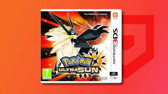 Pokemon games in order: Box art for Pokemon Ultra Sun featuring Dusk Mane Necrozma drop shadowed on a red PT background