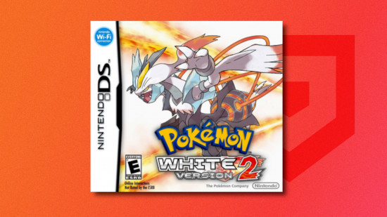 Pokemon games in order: Box art for Pokemon White 2 featuring White Kyurem drop shadowed on a red PT background