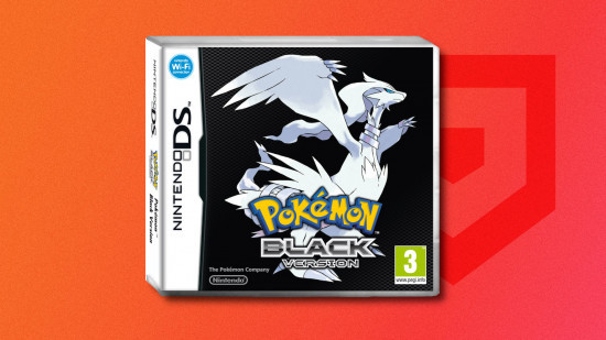 Pokemon games in order: Box art for Pokemon Black featuring Reshiram drop shadowed on a red PT background