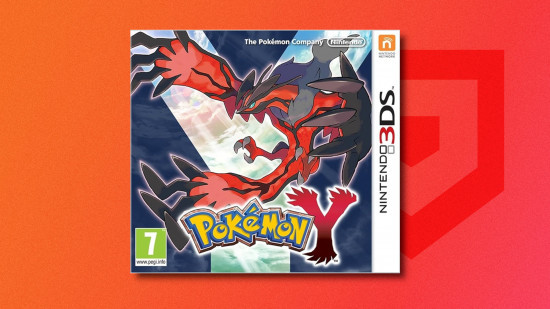 Pokemon games in order: Box art for Pokemon Y featuring Yveltal drop shadowed on a red PT background