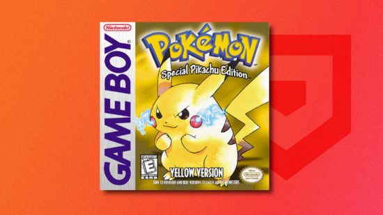Pokemon games in order: The Pokemon Yellow box art featuring Pikachu drop shadowed on a red PT background