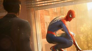 Peter in his Spider-Man suit, perched on a window overlooking the city