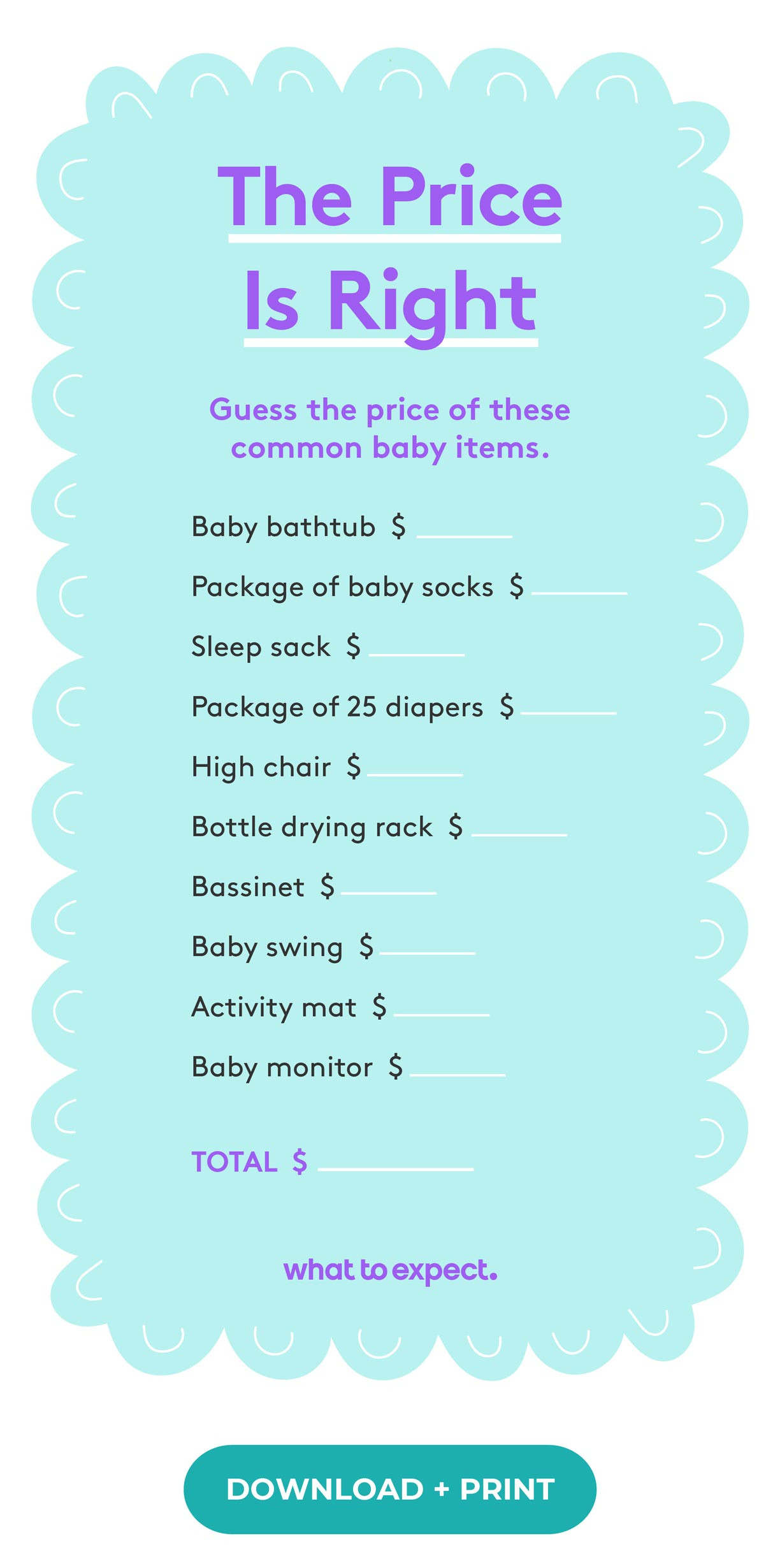 Printable baby shower game for The Price Is Right