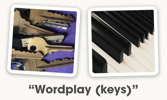 OuiSi photo cards stretching the imagination. These cards connect based on both containing keys (for locks and pianos).