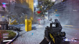The Finals screenshot showing first person perspective gun being aimed at enemies in an outdoor arena, emphasizing the fast-paced action and destructible environments