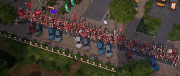 Fans celebrating in a dedicated fan zone in Copa City, with club flags and team colors prominently displayed