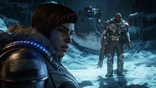 Kait Diaz standing in the snow in Gears 5, an Xbox exclusive, showcasing the game's compelling narrative and visuals