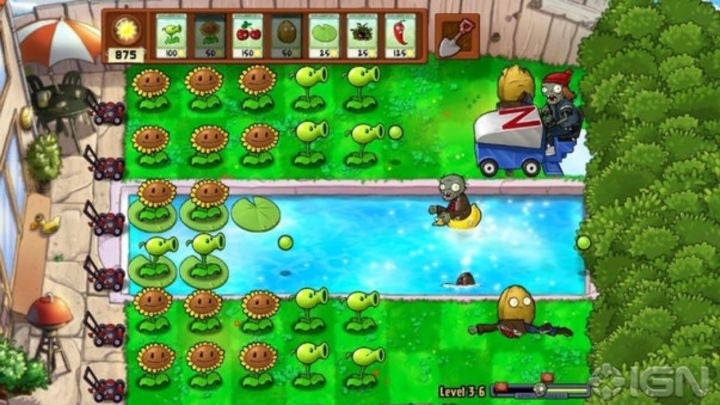 A zombie driving a lawnmower across grass with smiling flowers
