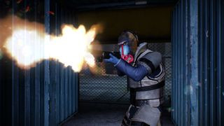 A player wearing a baboon mask and shooting a gun during the game Payday 2