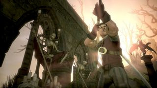 A player holding a sword in Fable 2, an Xbox exclusive, showcasing the game's classic RPG elements