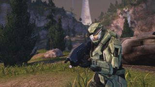 Master Chief holding a gun in Halo: The Master Chief Collection, an Xbox exclusive, highlighting the iconic character and series