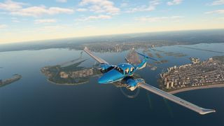 A blue plane flying high above realistic terrain in Microsoft Flight Simulator, an Xbox exclusive game showcasing its graphical fidelity
