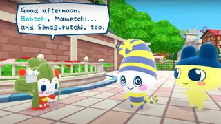 A screenshot of three characters talking during the upcoming Switch game, Tamagotchi Plaza