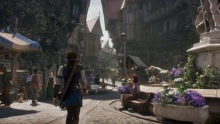 A hero walking through a town square in the upcoming Xbox Series X game Fable 4.