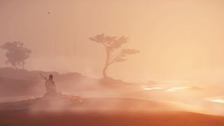 Ghost of Tsushima screenshot of samurai Jin kneeling in meditation in a misty lakeside setting.