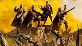 Helldivers 2 key art showing four soldiers in victory poses, stood on top of a small rocky outcrop
