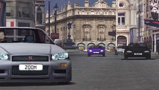 A purple car driving in a busy road during Metropolis Street Racer, one of the best Dreamcast games.