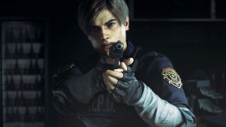 Leon pointing a gun in the Resident Evil 2 Remake, ready to fight zombies