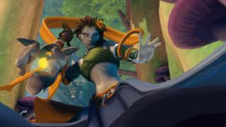 Paladins artwork showing a female figure from a low-angle shot with grey skin, scars on her midriff, a long purple skirt, and a green bustier, holding a weapon, showcasing the game's diverse and unique character designs