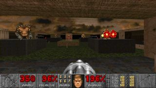 Screenshot from the video game Doom II: Hell on Earth. A retro first person shooter game where you blast demons. The sky is full of dark clouds and ahead are giant demons ready to fight.