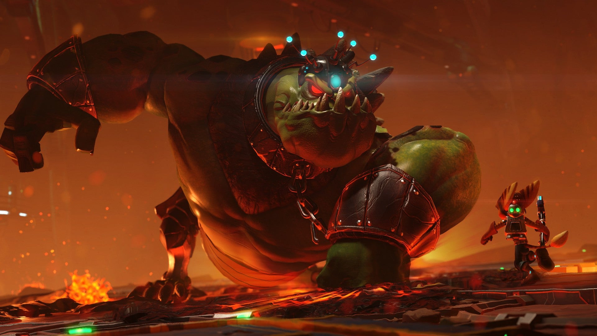 Ratchet facing off against a large toothy monster