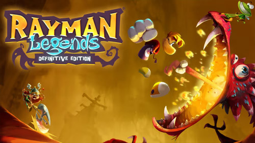 Rayman Legends gameplay featuring multiple characters running through a vibrant level